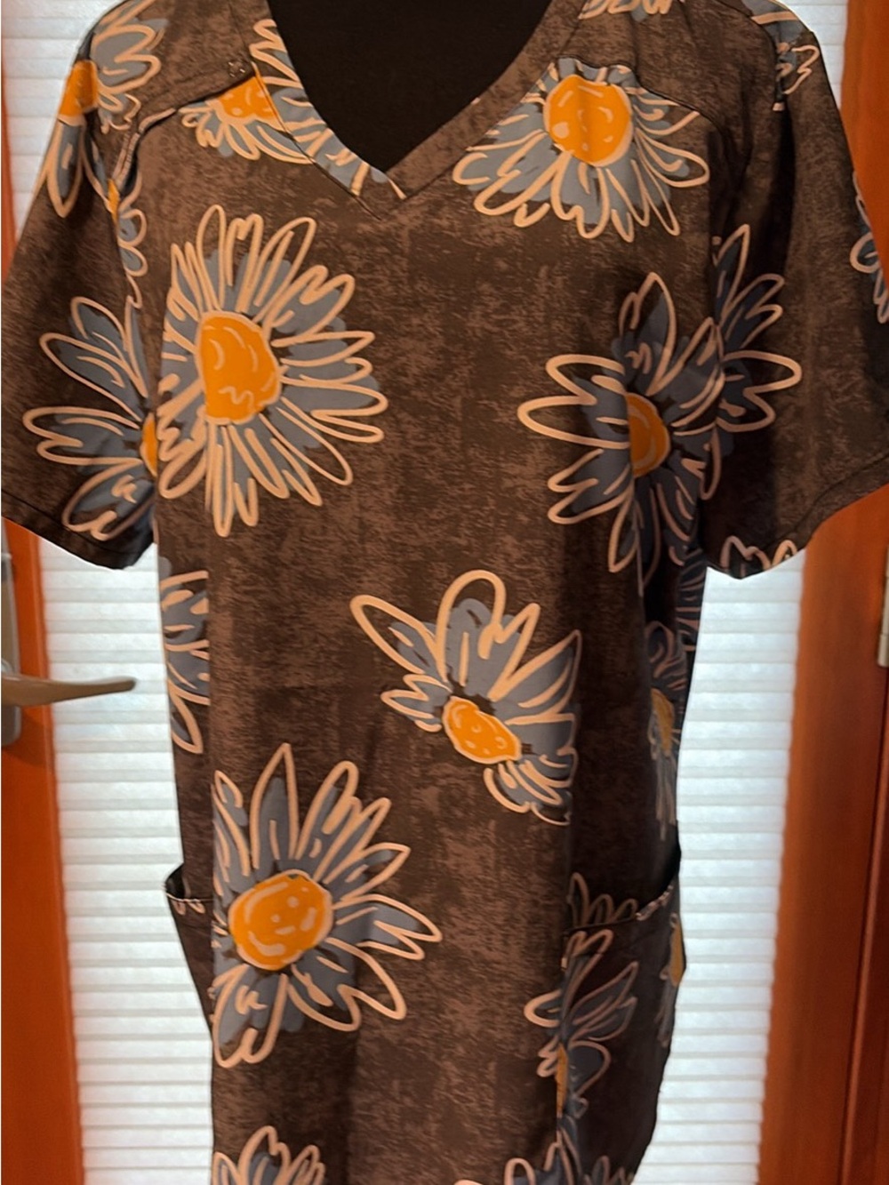 Dickies Black Floral Daisy V-Neck Scrub Top with Blue and Yellow Flowers